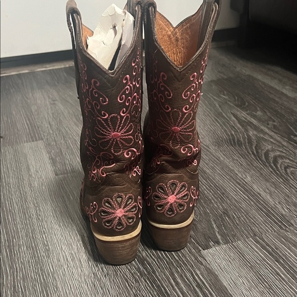 Brown and Pink Embroidered Cowboy Boots - Picture 3 of 5